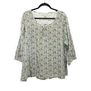 Cotton Express Womens Floral 3X Blouse 100% Cotton Long Sleeve Blue & Green 4196